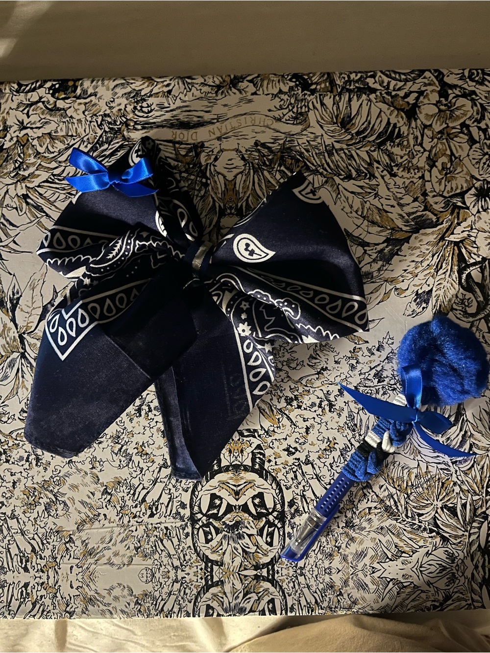 Handmade Navy Blue Paisley Bandana Hair Bow with Blue Pom-Pom Pen